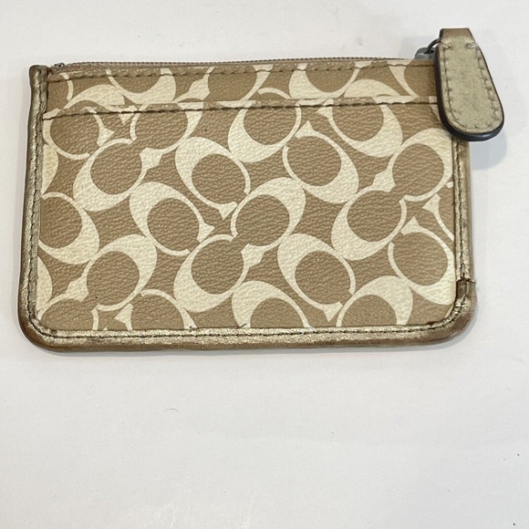 Coach Signature Logo Stripe Coin Purse Pouch Key Chain Change Gold Tan Wallet - - Picture 2 of 14
